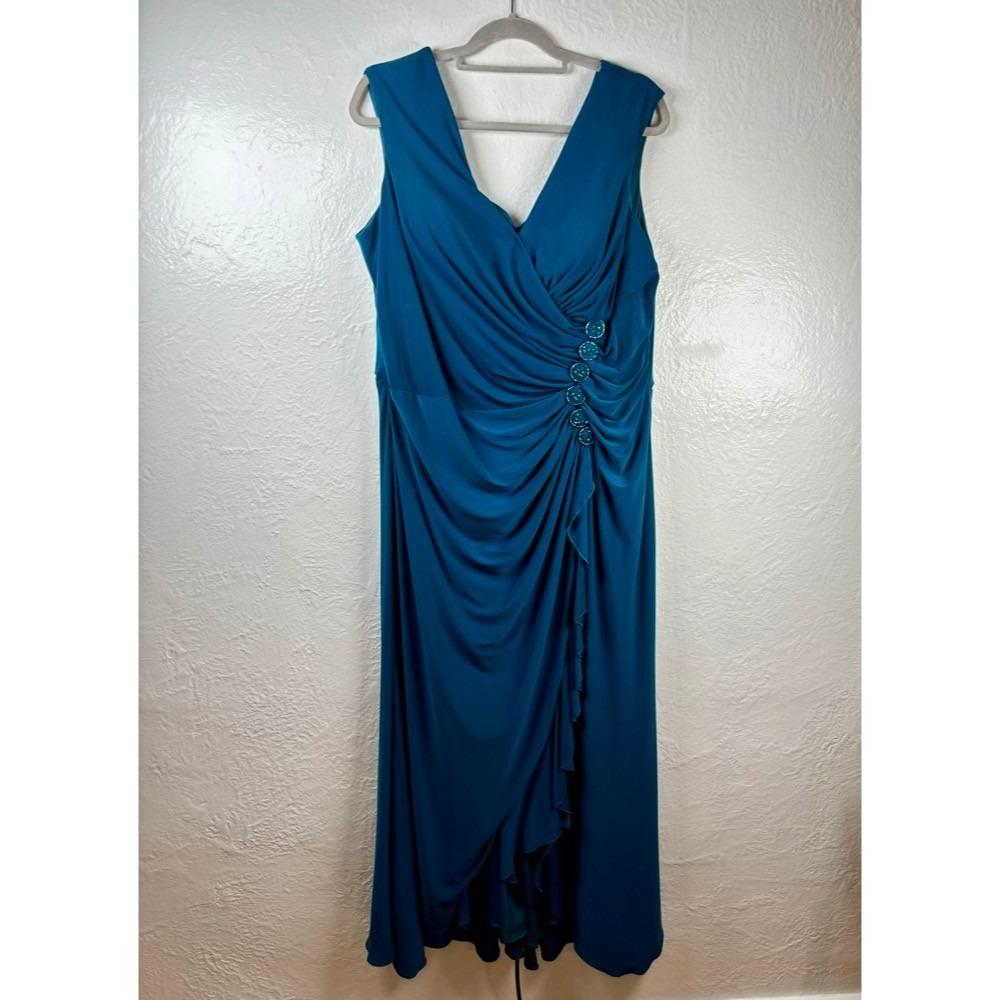Cameron Blake Evening Gown Dress Teal Blue 20 Ruched Beaded HOCO Prom Formal